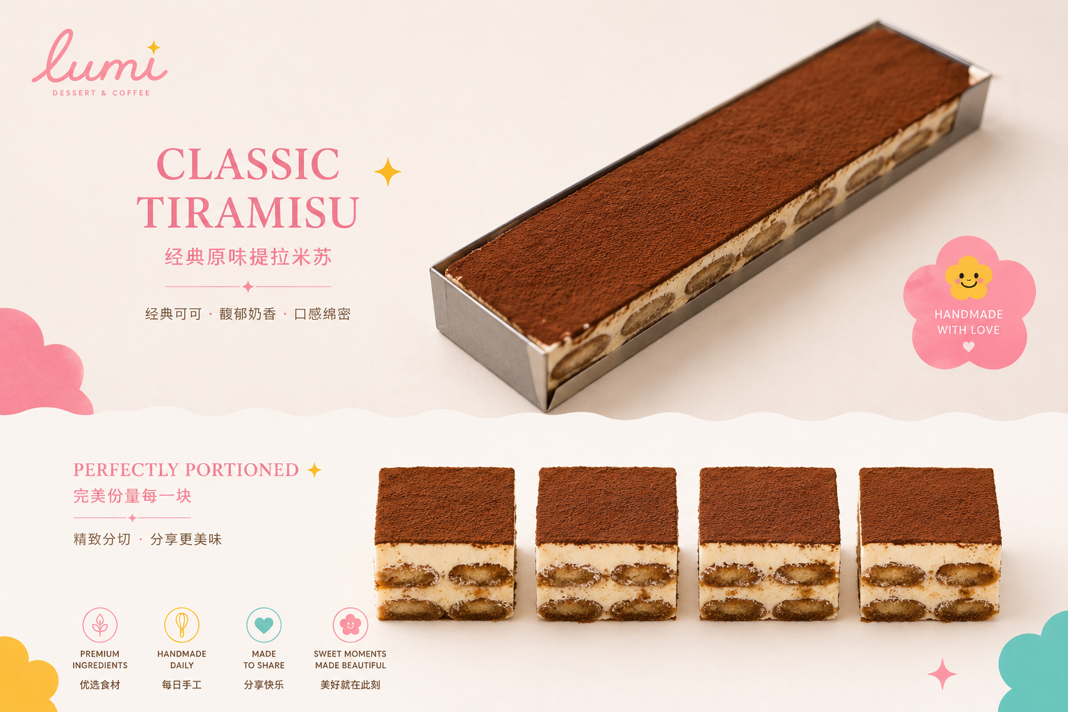 Classic tiramisu, handcrafted and dusted with cocoa