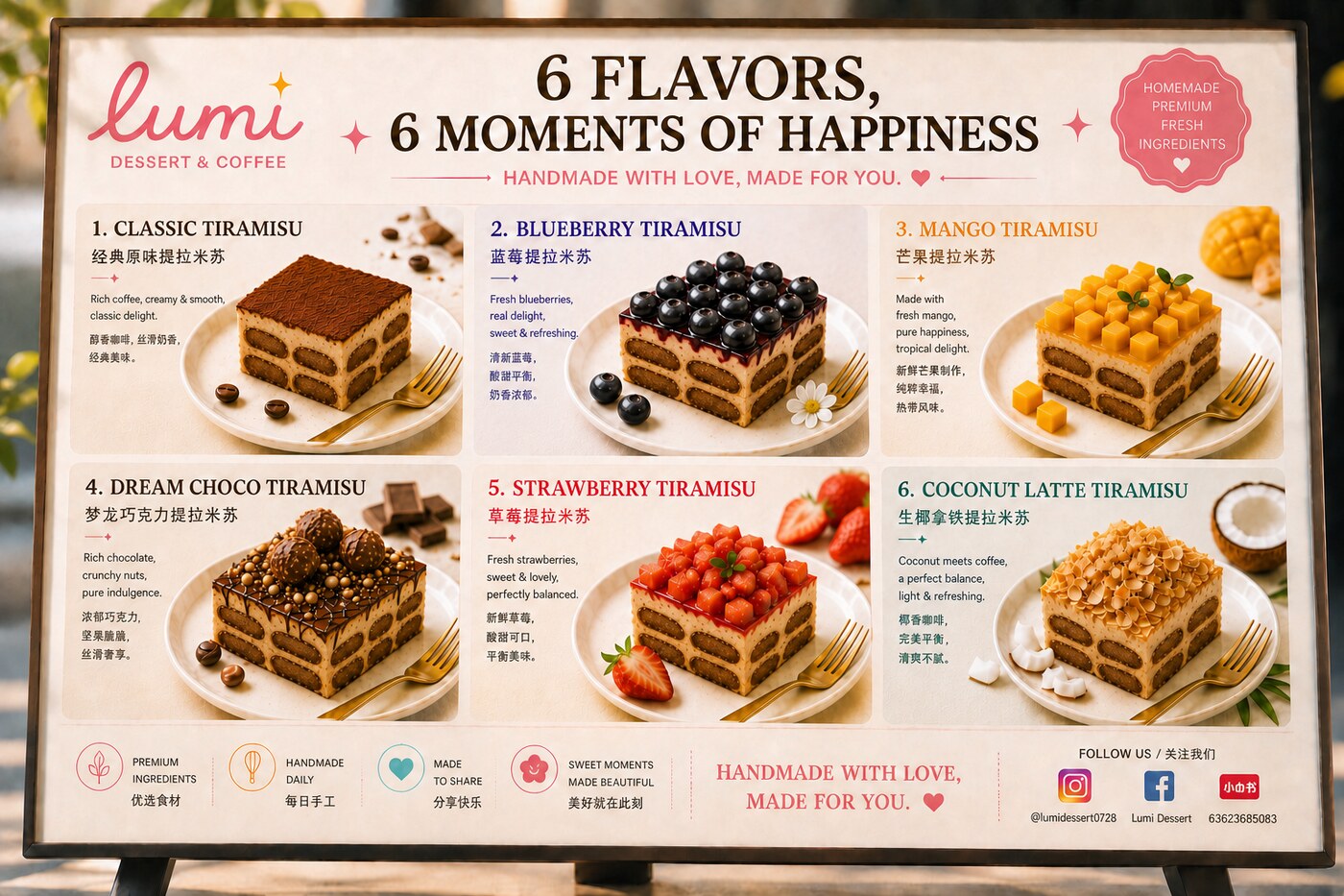 Lumi Dessert menu board: Classic, Blueberry, Mango, Dream Choco, Strawberry, and Coconut Latte Tiramisu